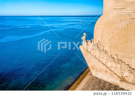 Monument to Discoveries or Padrao dos Descobrimentos to Age of Exploration shaped as ship with statues of Prince Henry the Navigator, great people of Portuguese seafarers history, Lisbon, Portugal at 116539410