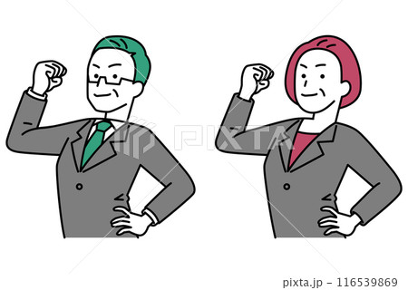 力こぶを作ってみせる中年のスーツの男女　セット 116539869