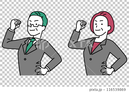 力こぶを作ってみせる中年のスーツの男女　セット 116539869