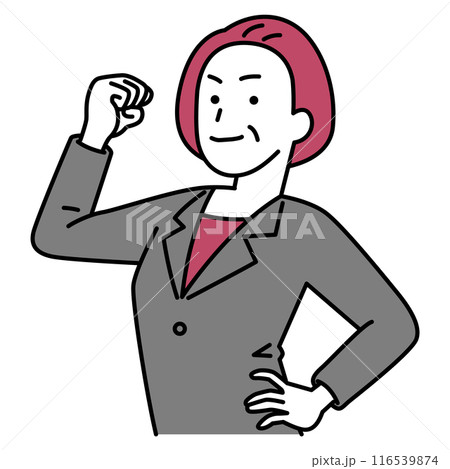 力こぶを作ってみせる中年のスーツの女性 116539874