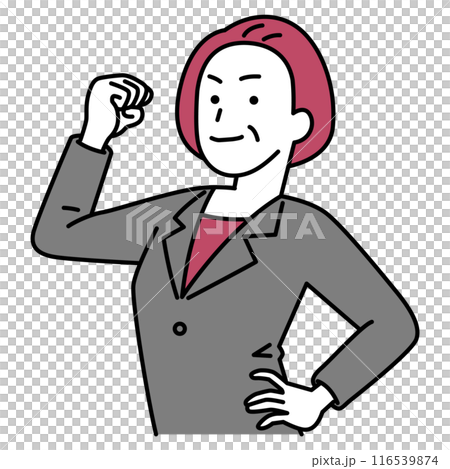力こぶを作ってみせる中年のスーツの女性 116539874