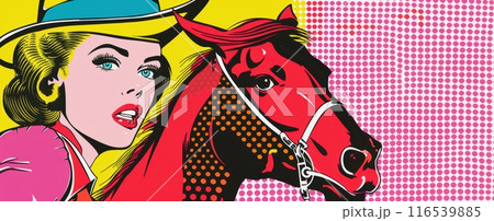 Pop art illustration featuring woman in blue hat and pink outfit alongside red horse against vibrant background. Retro, comic book style. Pop art illustration featuring woman in blue hat and pink outfit alongside red horse against vibrant background. Retro, comic book style. 116539885