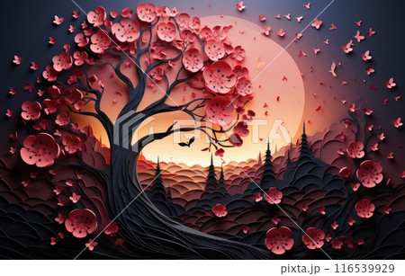 Valentines day concept background. 3d red hearts and paper cut flowers. Cute love sale banner or greeting. 116539929