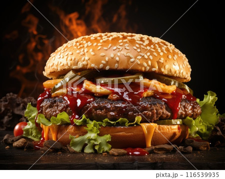 Cheeseburger or hamberger, on a wooden background. 116539935
