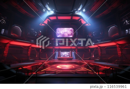 Stage show in E sport arena, Glow scenery  with a central gaming stage, audience seating, dynamic lighting 116539961