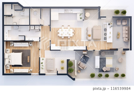 3D Top view landscape design plan with house, a private house with kitchen, bedrooms, living room, dining room, bathroom and furniture. 116539984