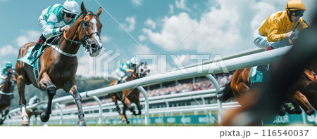 Horses and jockeys in mid-race action, competing for the victory on sunny day with blurred spectators and competitors in the background. Horses and jockeys in mid-race action, competing for the victory on sunny day with blurred spectators and competitors in the background. 116540037