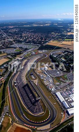 Aerial view of large empty racetrack with multiple turns, long straights and sharp turns, track surrounded by green fields. 116540088