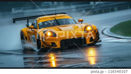 Bright yellow race car moving at high speed on rainy road, track. Tense racing moment before victory 116540107