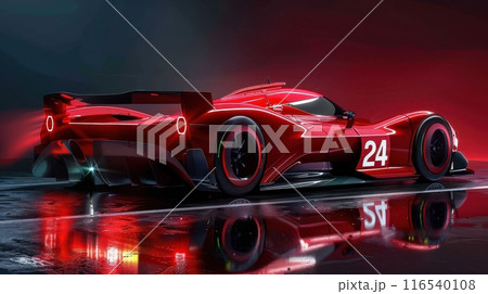 Luxurious formula one red race car with the number 24 on the side is standing on dark, futuristic background. 116540108