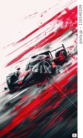 Creative illustration of black and red race car speeds through vibrant, abstract landscape, moving at high speed. 116540109