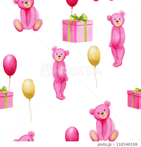 Seamless simple watercolor pattern with pink toy bears, gift boxes and yellow and pink balloons. Handmade watercolor illustration on white background 116540199