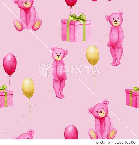 Seamless simple watercolor pattern with pink toy bears, gift boxes and yellow and pink balloons. Handmade watercolor illustration on pink background 116540200