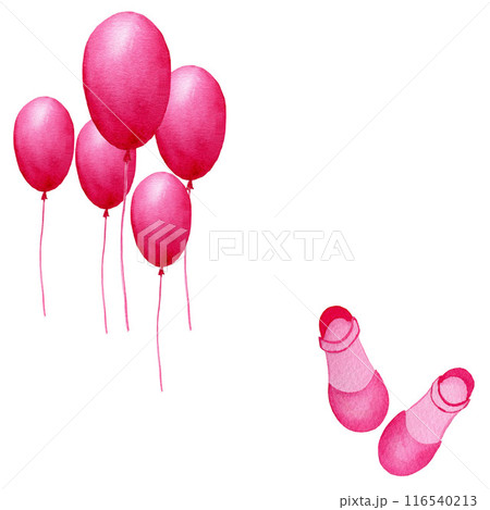 Postcard with pink balloons and girls shoes hand drawn in watercolor with copy space, for boys on white background for birthday, anniversary, party 116540213
