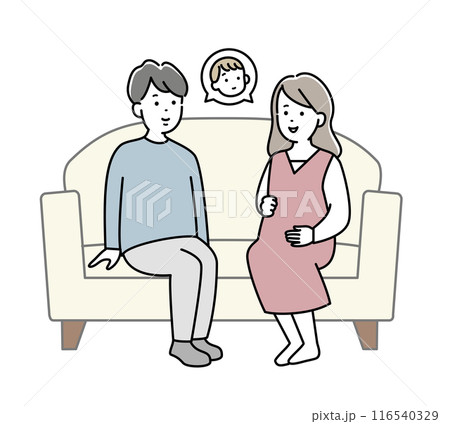 ソファーに座る妊婦の妻と夫のイラスト素材 ソファーに座る妊婦の妻と夫のイラスト素材 116540329