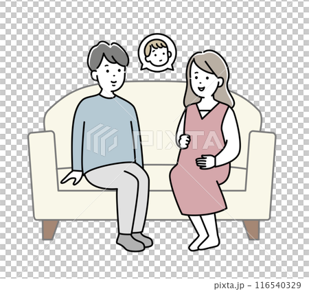 懷孕的妻子和丈夫坐在沙發上的插畫素材 116540329