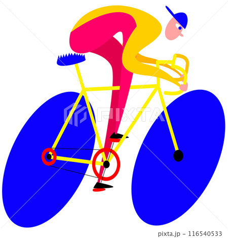 Cartoon style vector illustration of cyclist in yellow and pink attire riding blue bicycle with oversized red wheels, on white background, emphasizing speed and motion. Cartoon style vector illustration of cyclist in yellow and pink attire riding blue bicycle with oversized red wheels, on white background, emphasizing speed and motion. 116540533