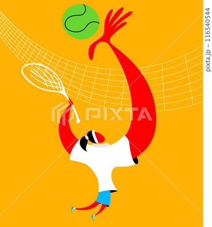 Abstract vector illustration of cartoon style tennis player with exaggerated long arms hitting a green tennis ball on orange background. Dynamics. 116540544