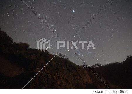オリオン座が輝く冬の星座と山の自然風景 116540632