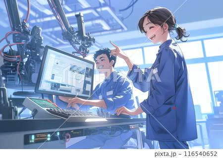 工場で元気いっぱいで働くエンジニア男女_精密イラスト2 116540652