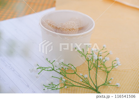 round cake filled with green beans as a background 116541506