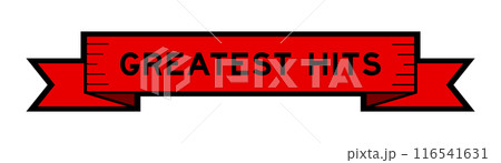 Ribbon label banner with word greatest hits in red color on white background 116541631