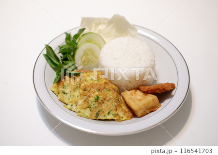 typical Javanese food, rice with scrambled eggs and vegetables typical Javanese food, rice with scrambled eggs and vegetables 116541703