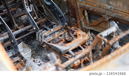 Car after fire, iron parts of burnt vehicle 116541988