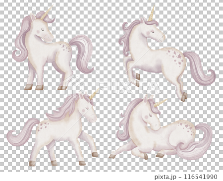 Unicorn watercolor illustration. Drawing of cute little Horse with horn for Baby shower greeting cards or childish birthday invitation. Pony for girls nursery wall art. Pastel Fantasy creature for kid 116541990