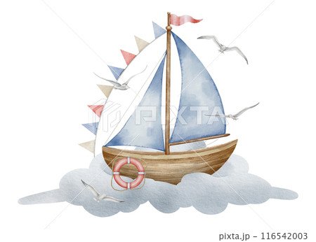 Sailboat on cloud watercolor illustration. Drawing of sailing ship with garland in pastel colors for Baby shower design on isolated background. Sketch of Boat or Yacht with pennant for childish design 116542003