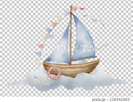Sailboat on cloud watercolor illustration. Drawing of sailing ship with garland in pastel colors for Baby shower design on isolated background. Sketch of Boat or Yacht with pennant for childish design 116542003