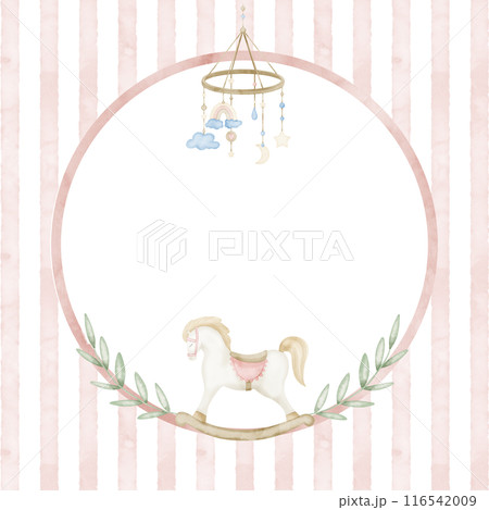 Watercolor Frame for Baby shower cards. Illustration for girl birthday in pastel pink colors. Circular Template with retro rocking horse and plants on striped background. Border for Newborn invitation 116542009