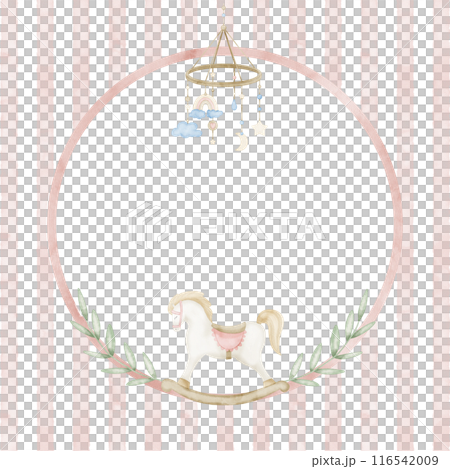 Watercolor Frame for Baby shower cards. Illustration for girl birthday in pastel pink colors. Circular Template with retro rocking horse and plants on striped background. Border for Newborn invitation 116542009