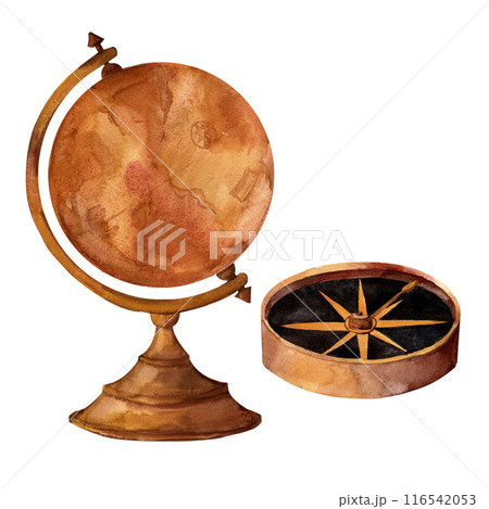 Vintage navigation devices, compass, globe, vintage envelopes,watercolor object isolated on a white background set in warm colors for printing on stickers, flyers, scrapbooking, travel advertising 116542053