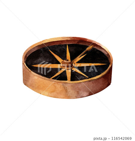 Antique bronze compass with a wind rose hand-painted in vintage style watercolor object isolated on a white background. Interior decor and wall art on retro themes, travel, libraries, books, museums 116542069