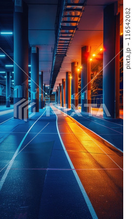 Dynamic night shot of indoor running track, featuring mix of blue and orange lighting that highlights sleek lines and wet surface. 116542082