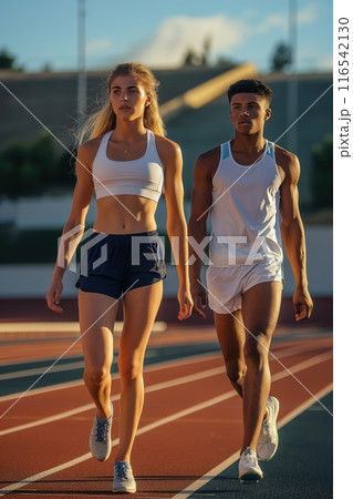 Two athletes, man and woman in sports gear training on sports field in hot summer day. Outdoor workout. 116542130