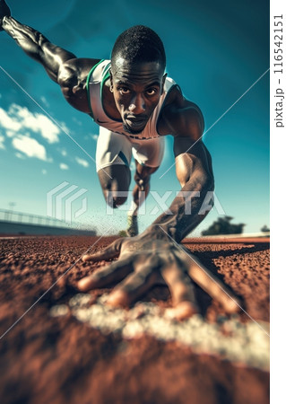 Close-up shot of sprinter in action, captured mid-stride with intense focus and determination. Speed and power of the moment. 116542151