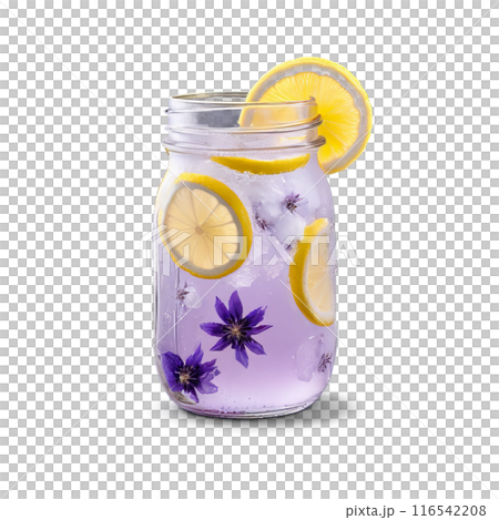 Lavender lemonade with floating flowers ice cubes and sugar rim pale purple liquid served in 116542208