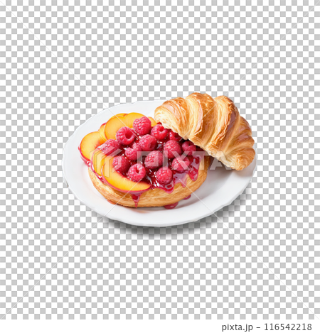 Peach raspberry preserves dollop vibrant and chunky plopping onto a croissant with peach slices and Peach raspberry preserves dollop vibrant and chunky plopping onto a croissant with peach slices and 116542218
