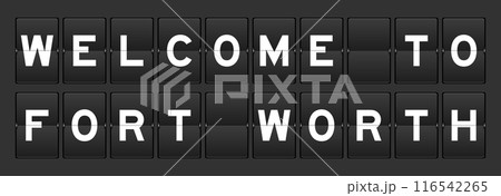 Black color analog flip board with word welcome to fort worth on gray background Black color analog flip board with word welcome to fort worth on gray background 116542265