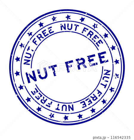Grunge blue nut free word with star icon round rubber seal stamp on white background 116542335