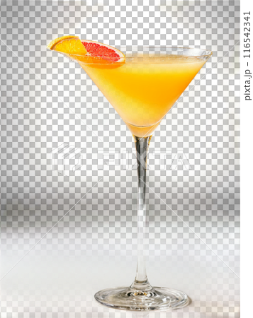 Grapefruit Glamour Bright yellow cocktail in a coupe glass garnished with a slice of grapefruit 116542341