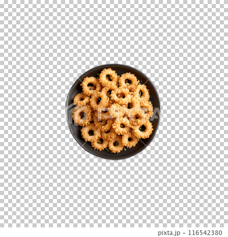 Fried calamari with crispy breading lemon wedge floating and steaming Food and culinary concept 116542380