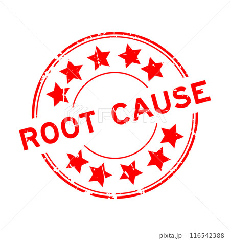 Grunge red root cause word with star icon round rubber seal stamp on white background 116542388