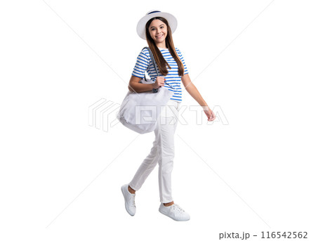 positive teen girl in marine style isolated on white. teen girl in marine style at studio. 116542562