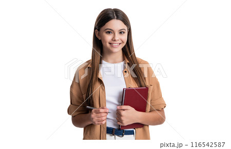 photo of smiling teen girl hold school diary. teen girl with school diary isolated on white photo of smiling teen girl hold school diary. teen girl with school diary isolated on white 116542587