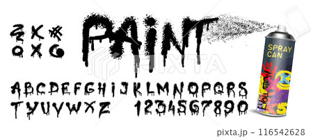 The font of the Latin alphabet, from which the paint drips. English letters written in black oil. 116542628