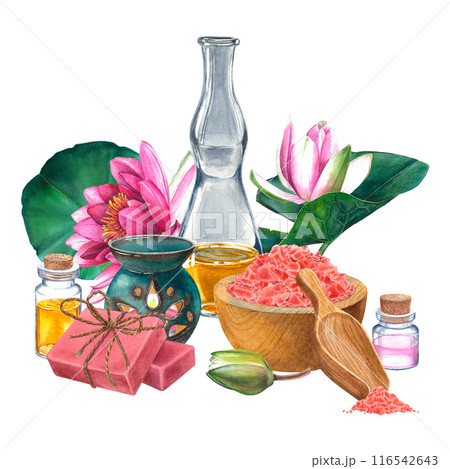 Pink Himalayan salt in a wooden bowl, scoop, glass bottle with oil, ceramic aroma lamp, pink handmade soap bars, water lily flowers, leaves. Hand drawn watercolor illustration on isolated background. 116542643