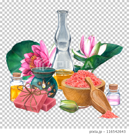 Pink Himalayan salt in a wooden bowl, scoop, glass bottle with oil, ceramic aroma lamp, pink handmade soap bars, water lily flowers, leaves. Hand drawn watercolor illustration on isolated background. 116542643